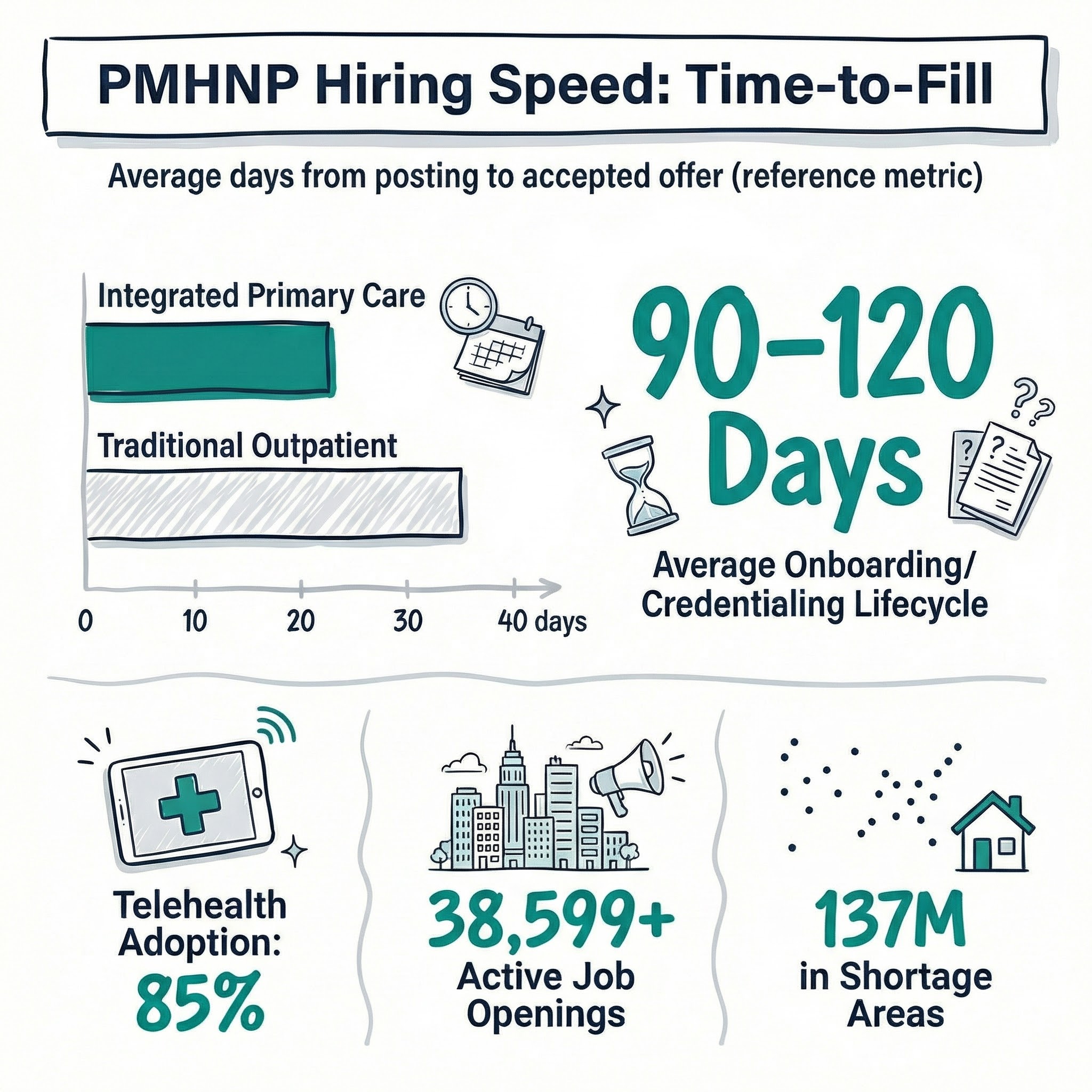 Infographic showing 32-day average time-to-fill for PMHNP roles with comparison bars for integrated primary care collaborative care vs traditional outpatient psychiatry