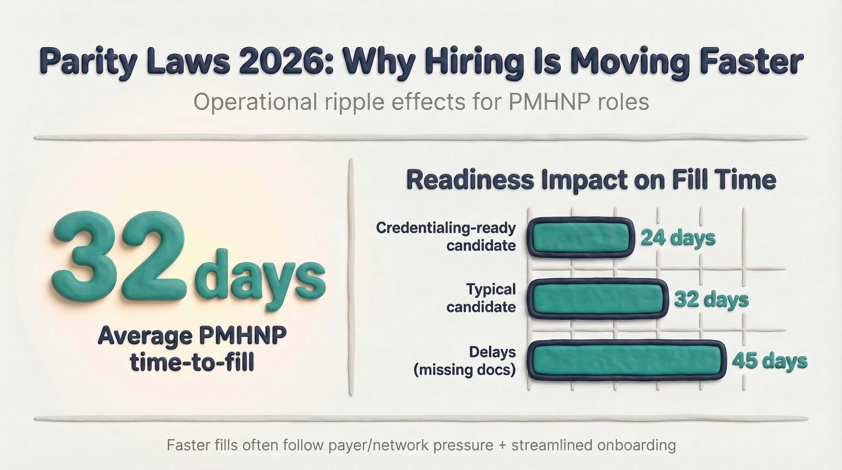 Infographic showing average PMHNP time-to-fill (32 days) and how policy-driven payer changes can speed hiring
